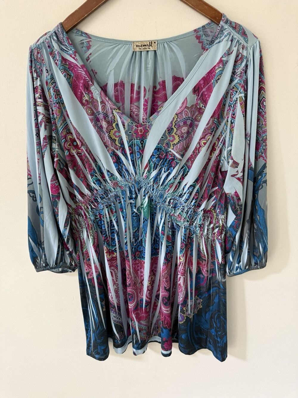 One World Womens Whimsigoth Y2K Dark Boho Size M V-Neck Smocked Long Sleeve